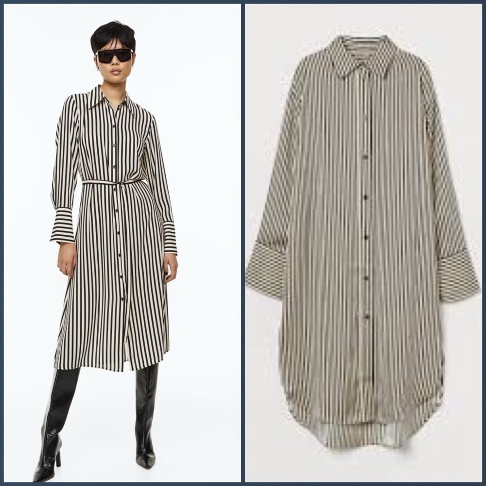 H&M Oversized Striped Black Tan Satin Lagenlook Workweek Office Shirt Dress M